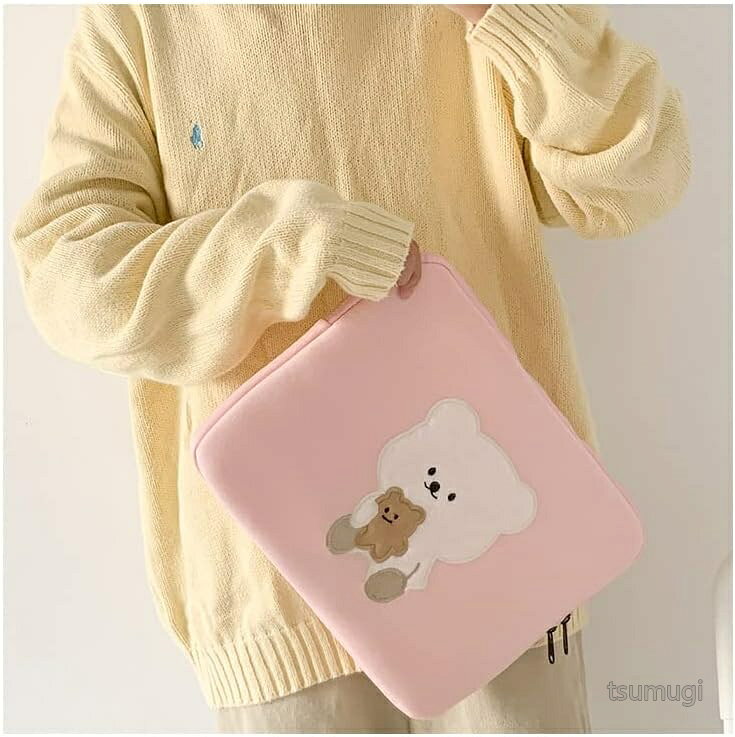 【送料無料】ノートPCケース 13インチ クマ柄 かわいい 韓国風 クッション性 ダブルファスナー 学生 女性 ギフト 新生活 おしゃれ パソコンケース - 2