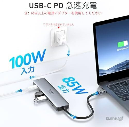 【送料無料】USB C ハブ 7in1 タイプC 変換 HDMI 4K 60Hz USB3.0 高速転送 SD TFスロット PD100W 急速充電 MacBook Air Pro Surface ノートパソコン タブレット 多機能 コンパクト 軽量 持ち運び便利 リモートワーク 出張 tsumugi33-10083800 つむぎハウス サンプル画像3