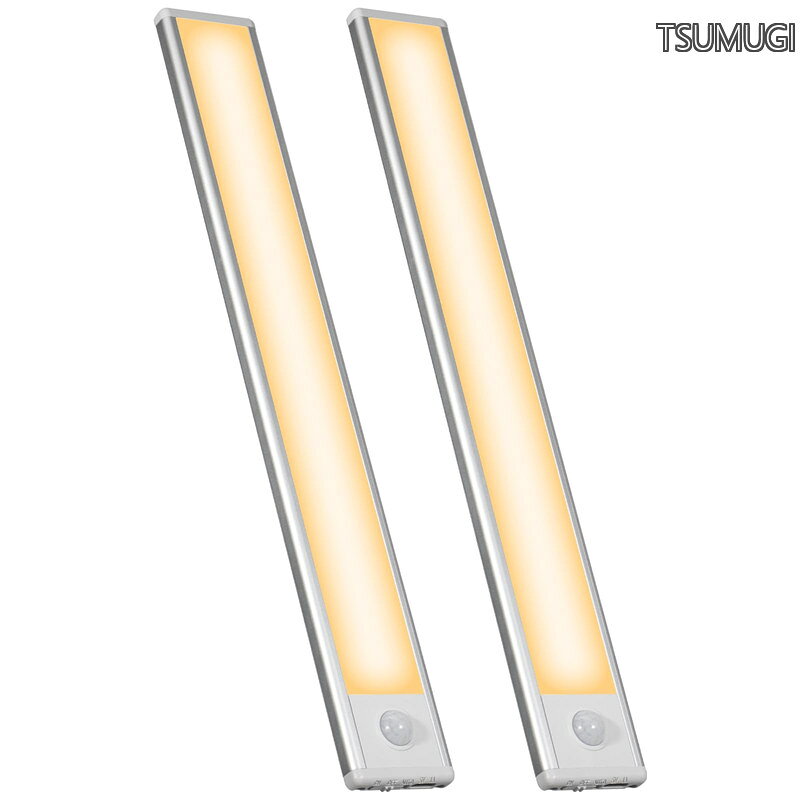 明暗センサー付き マグネット フットライト 充電式 LED バー 9mm薄型 コードレス 室内/玄関/足元/キャビネット用(電球色-2本セット 40cm)