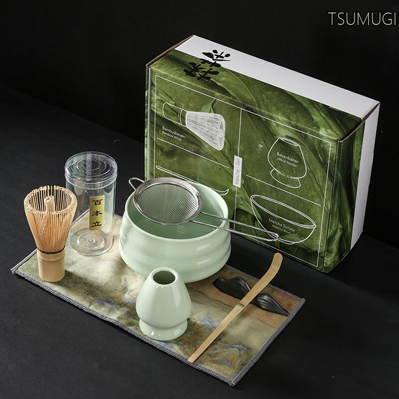 set 抹茶茶碗 セット 茶道7点セット 茶道具 matcha set 百本立 茶せん 竹製 茶筅・茶筅立て・茶杓・茶こし・抹茶茶碗 初心者向け お点前セット（グリーン）