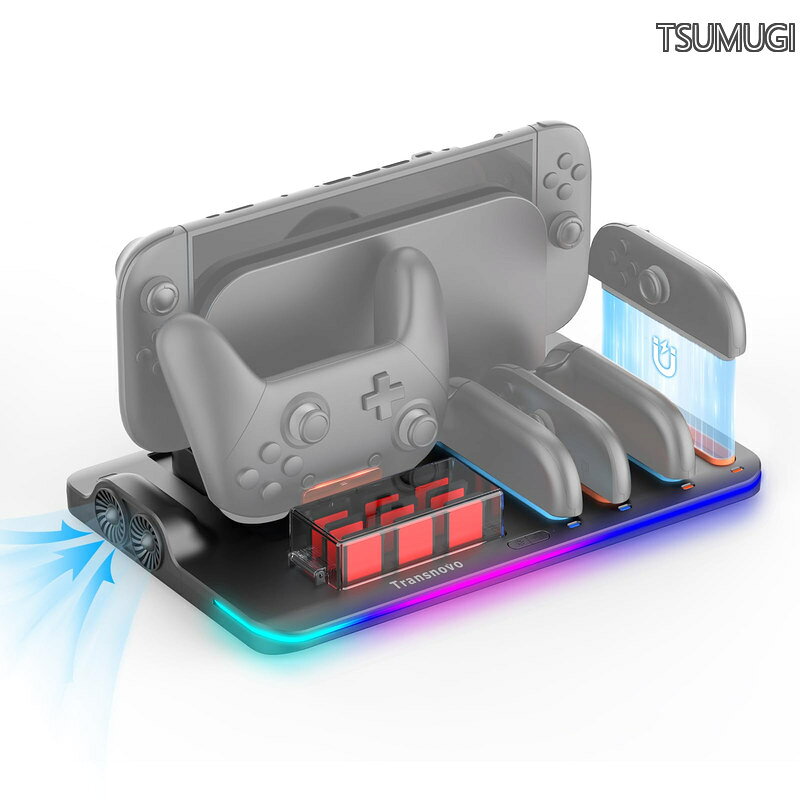 6 In 1 冷却&充電&収納】TRANSNOVO Switch 2に適合Pro & ジョイコン用の冷却充電器 スイッチ2用の 3H急速充電スタンド 排熱ファン内蔵 磁着式コントローラー4台+Pro冷却ファンドック 9枚ゲームカード収納 LED充電指示ランプ&9つのRGB ライト付き 一体型 Type-Cケ