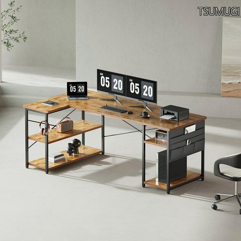 【送料無料】l字デスク ゲーミングデスク デスク 幅150cm pcデスク コーナーデスク 棚板高さ調節可能 収納袋付き L字型 PC 勉強机 作業 在宅勤務 リモートワーク ゲーム 書斎 収納ラック付き ビンテージ tsumugi33-10031958 つむぎハウス サンプル画像2