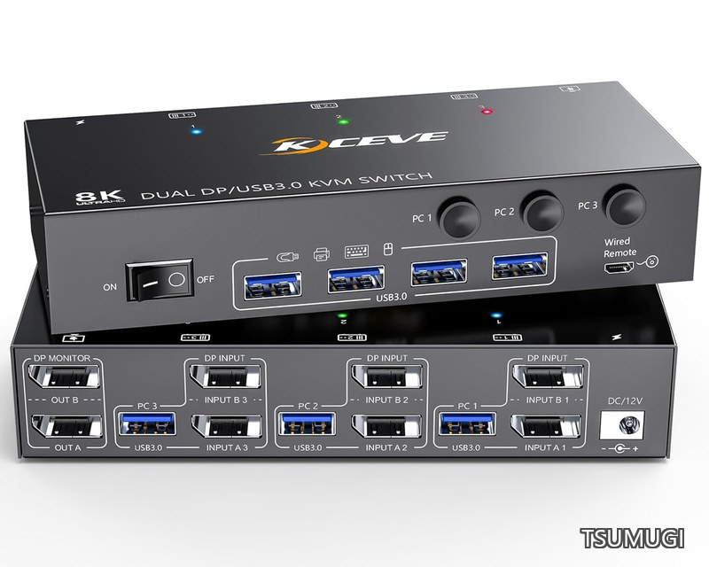 【送料無料】8K@30Hz USB3.0 KVM切替器 3入力2出力、ミラー/拡張モード (2 DPポートPC) KVM Switch KVMスイッチ PC3台とモニター2台対応 キーボード、マウスを3PCで共有 ドライバー不要 簡単に接続 手元スイッチ付き(8K@30Hz/4K@144Hz)