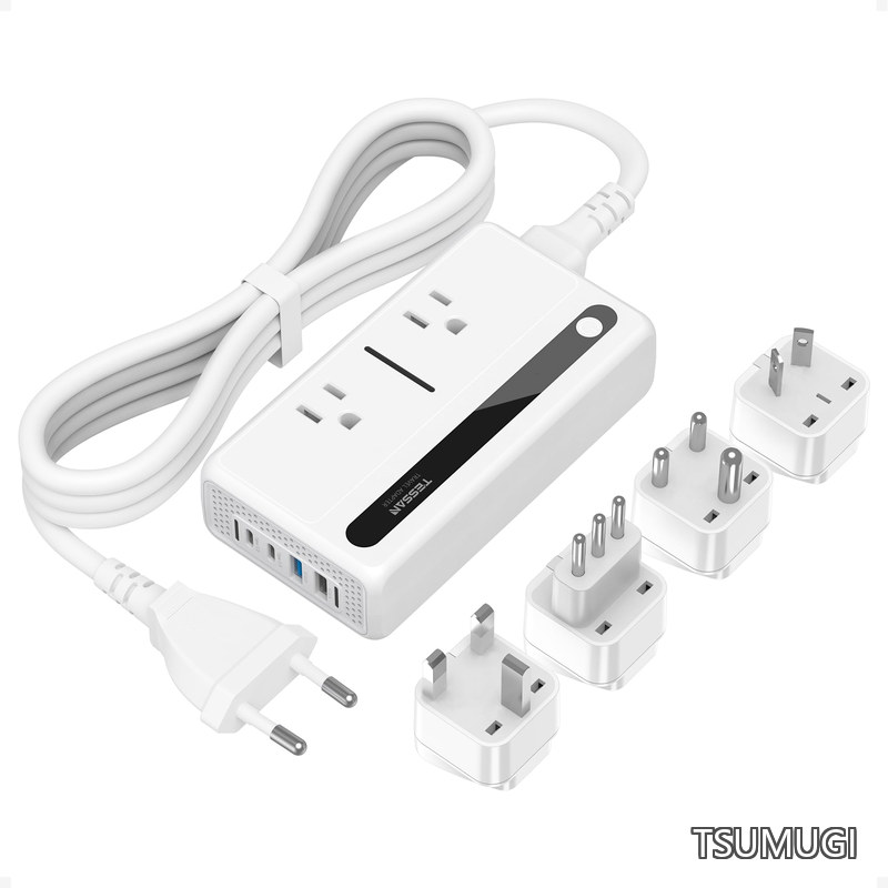 【送料無料】海外旅行用 220vから100v TESSAN 合計64W 急速充電 変圧器付き変換プラグ 全世界対応 C/BF/O/B3/Lタイプ付き 4口USB(2 USB C)ポート 2個ACコンセント 韓国 ヨーロッパ シンガポール イタリア オーストラリア 中国 インドなど 電圧変換器