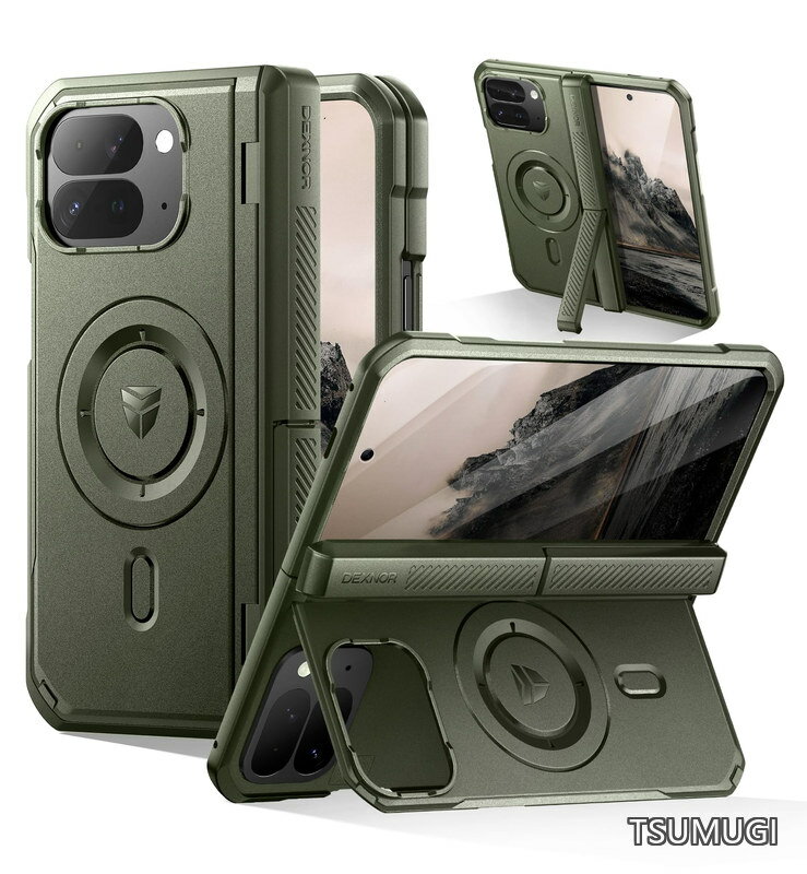 【送料無料】Google Pixel 10 Pro Fold用ケース マグネット式 前面画面保護フィルム＆ヒンジ保護付き フルボディラグド保護カバーバンパーケース(グリーン)