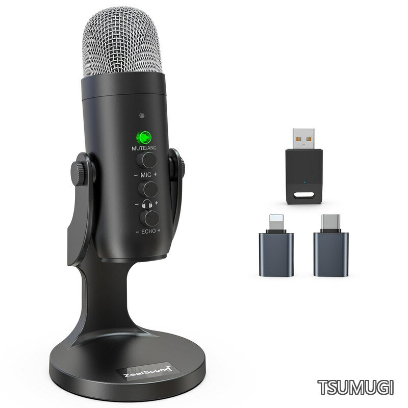 ワイヤレスマイク、*Phone PC iPad Android Phone用USBマイク、ミュートエコーモニターボリュームゲインBluetooth 2.4GHz付きコードレスコンデンサーデスクトップマイク、ポッドキャスト、ASMR、ゲーム、YouTubeビデオ用