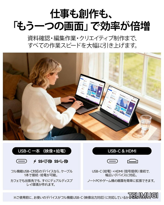 【送料無料】モバイルモニター 15.6インチ FHD（1920x1080） Fast IPSパネル スピーカー内蔵 ポータブルディスプレイ 薄型 軽量 持ち運び便利 モバイルディスプレイ USB Type-C/HDMI/Switch/PS4/XBOX/PC/Mac/スマホ対応 カバー付き サブモニター 在宅勤務 リモートワーク tsumugi33-10073599 つむぎハウス サンプル画像2