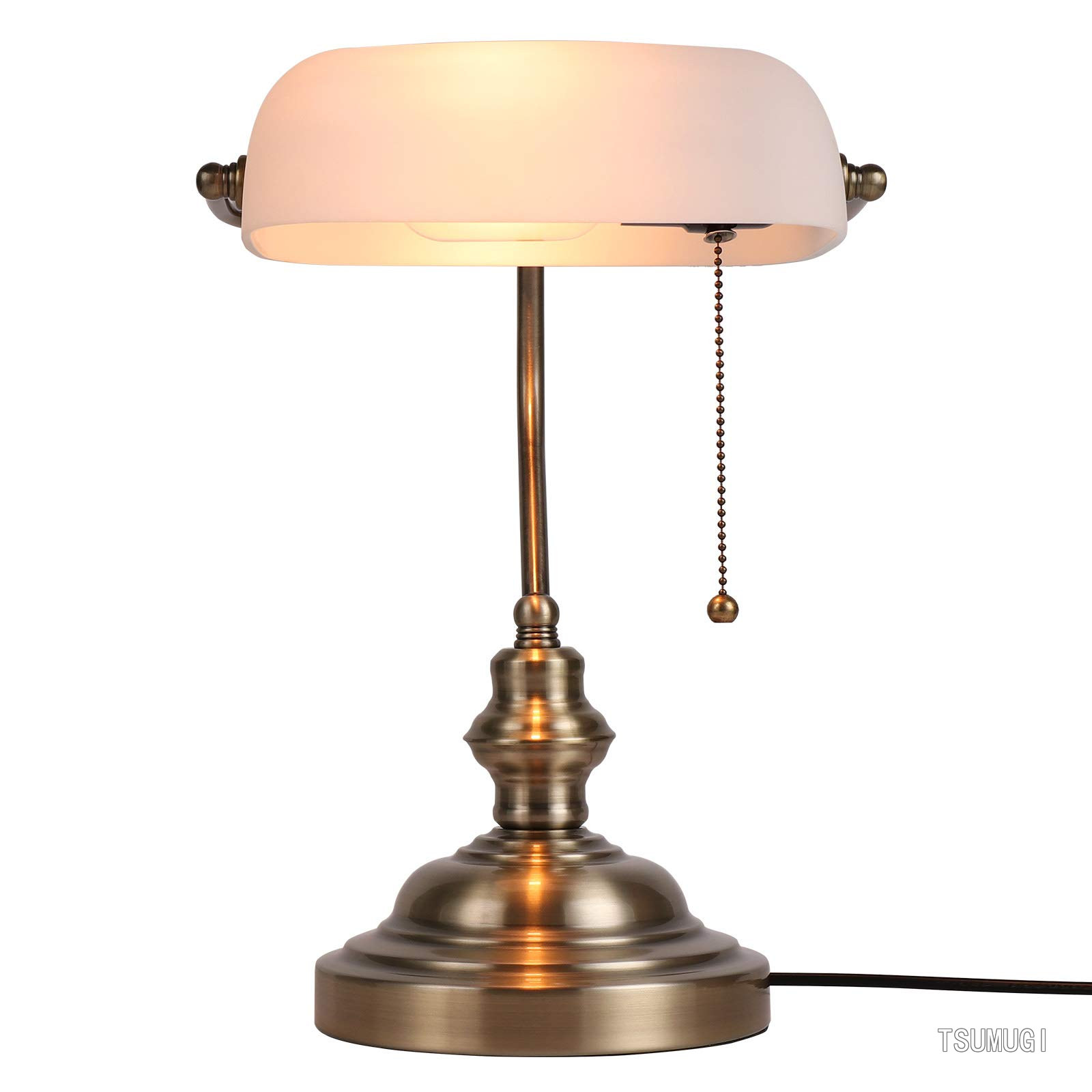 Matted Glass Bankers Desk Lamp with Pull Chain Switch Plug in Fixture