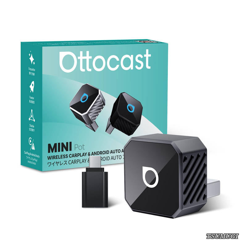 Ottocast MINI Potミニ CarPlay Android Auto ワイヤレス アダプター Ottocast 新型 2025 カープレイ＆アンドロイドオート無線化 iPhone＆Androidスマホ用 純正有線CarPlay Android Auto搭載車適合 ナビ 音楽 メッセージ受送信対応 カーアクセ