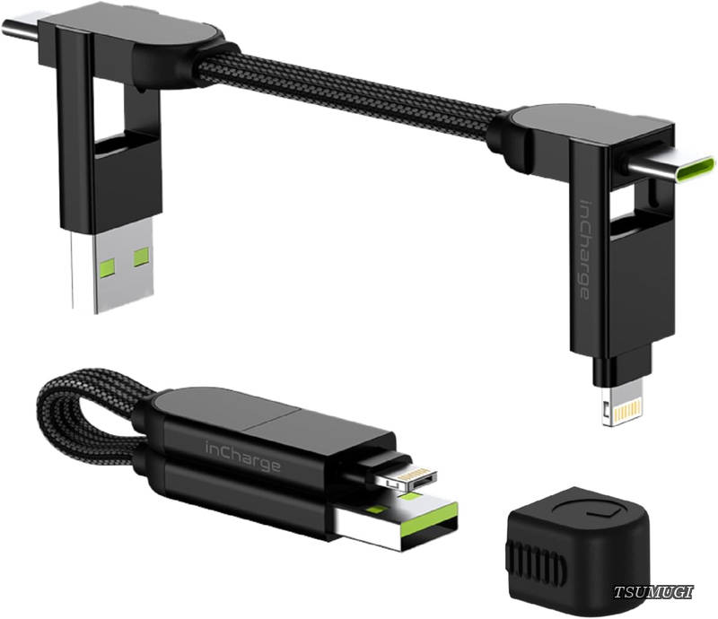 uare inCharge X 充電ケーブル マルチUSBケーブル 6-in-1 100W 超高速充電 キーホルダー型 スマホ タブレット ノートPC USB-C Lightning MicroUSB データ転送 超軽量32g マグネット 3D保護カバー OTG電力転送 iPhone Android対応 ロー