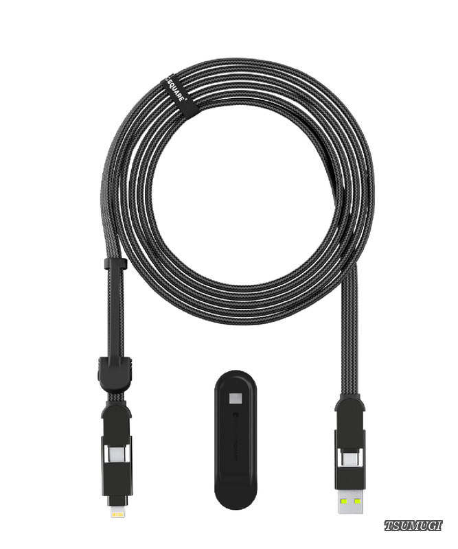 uareinCharge XL 3m 充電ケーブル オーガナイザー付属 マルチUSBケーブル 6-in-1 100W 超高速充電 ロングケーブル スマホ タブレット ノートPC USB-C Lightning MicroUSB データ転送 高耐久 TPU素材 OTG電力転送 ローリングスクエア