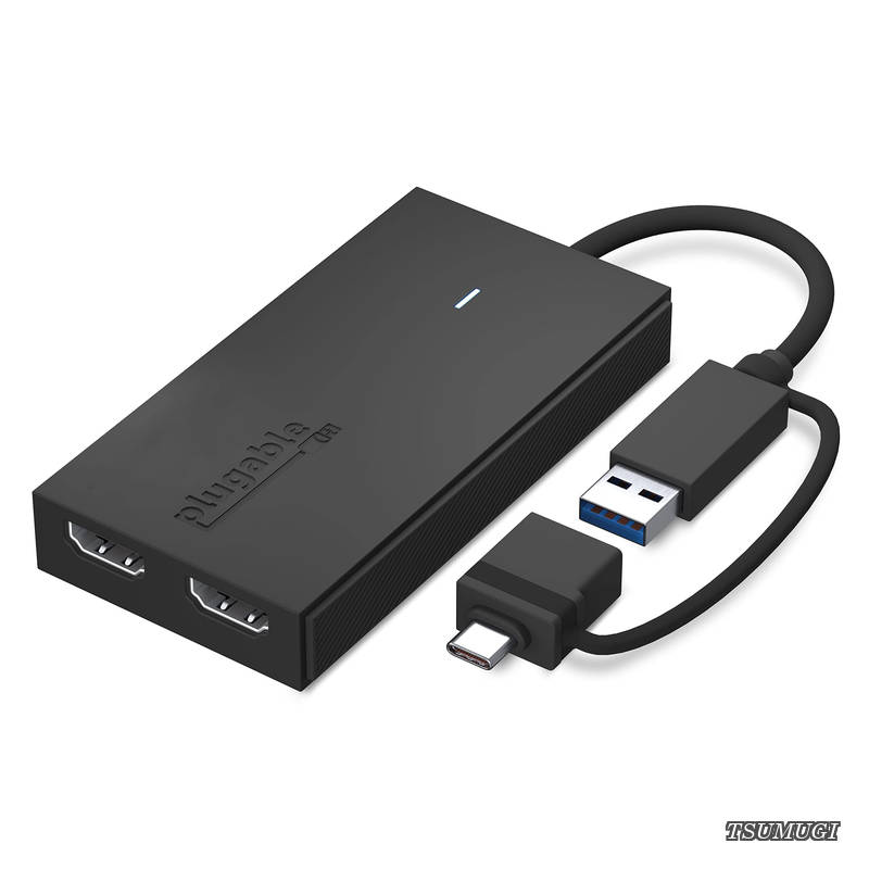 Plugable USB Type-C デュアル USB グラフィック変換アダプター、USB-C HDMI 用 Mac Windows 対応、最大解像度 1080p@60Hz の外部HDMIモニターを 2 台接続可能