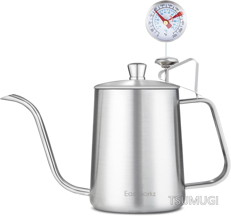 【送料無料】グースネック ケトル 600ml 温度計付き ステンレス鋼 コーヒー ポット ハンド ドリップ 「シルバー」(3.0)