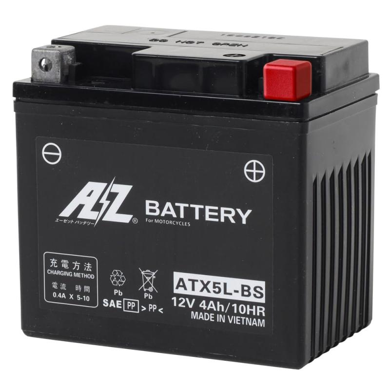 AZ [ エーゼット ] シールド型 バイク用バッテリー [ 液入充電済 ] ATX5L-BS[ 10時間率容量 ] 4.0(Ah) [ サイズ<長さ×幅×高さ(mm)> ] 114×72×106 [ 液入充済質量(Kg) ] 1.5[ 互換品番 ] FTX5L-BS(F5L-BS)、RX5L-BS、YTX5L-BS、GTX5L-BS、KTX5L-BS、DYTX5L-BS当商品は電解液注入・充電済みタイプになっております。(商品到着後すぐに車両への取付が可能です。)