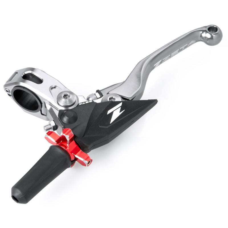 ジータレーシング(ZETA RACING) ピボットパーチFP クラッチレバーホルダーセット 3フィンガー チタンカラー/レッド 前方可倒式 ヒンジ式クランプで取付け簡単 クラッチ重さ2段階調整 レバー位オフロードバイクに最適な機能を追求した、高性能クラッチレバーホルダー。モトクロッサーやエンデューロ等のコンペティションバイクにフィットするデザインに設計。レシオデバイス…クラッチレバーの引き重さを2段階に設定可能(軽さ重視・切れ重視)。手の大きさや握り方によって、ハンドルからレバーまでの間隔を好みに合わせて調整可能。転倒時の破損を軽減する機能を3種類装備。転倒後すぐに再スタートできるスプリング内蔵による自動レバー復帰システム。ハンドルクランプ部にナイロンスリーブを装備。転倒時に回転することにより衝撃を逃す。2ピースで構成されたレバーはそれぞれに適材を採用。