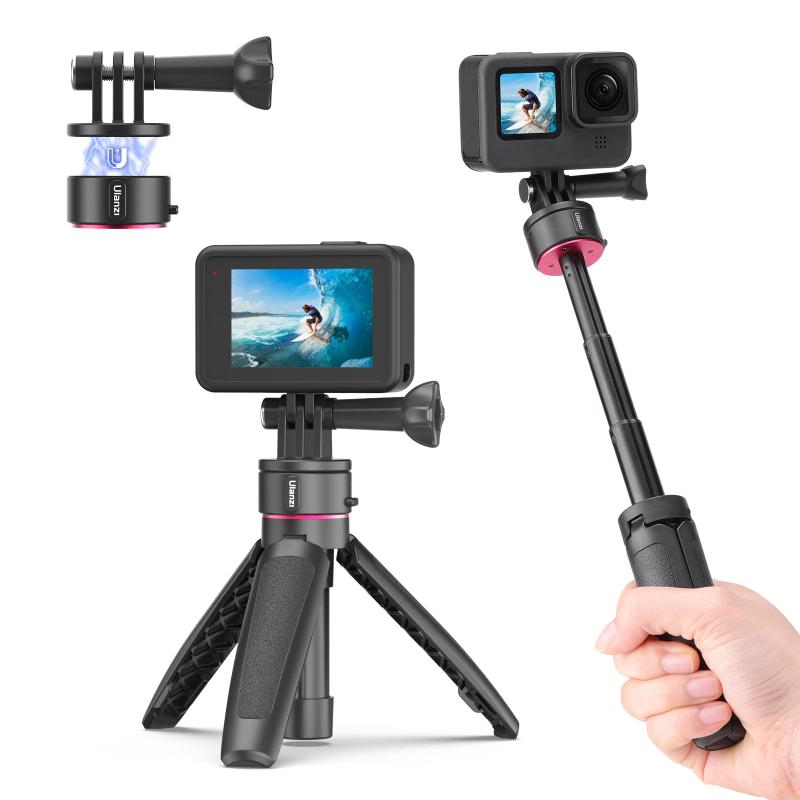 Go-Quick II ミニ三脚 Gopro用 磁気マグネットマウント クイックリリース三脚 3段伸縮 自撮り棒 セルカ棒 カメラ三脚 アクションカメラ 三脚 軽量 卓上三脚 vlog アクセサリー ミニ三脚 Heクイックリリース式ミニ三脚Go-Quick II ミニ三脚は超便利なマグネット仕様です。クイックリリース三脚はワンタッチで接続できます。Gopro本体側に接続アダプターを常時取り付けた状態にしておけば、他のアクセサリー側に取り付けたベースにワンタッチで接続は便利です。これがあると付け替えのたびにネジで締め込んだり緩みたりする必要がなくなります。Go-Quick II三脚のベースと接続アダプターに強力な磁石が内蔵されているので、カメラが不意に外れないため滑落のリスクも低減できます。また、この磁気マグネットデザインは、すべてのGo-Quick IIシリーズ製品に適合しています。ロックアップグレードGo-Quick IIは、二次的な保護のためのロックピンの補強を追加しています。ベースで溝もあるので決まった位置でしかはまらない様になっています。非常に小型で取り付けも簡単、インターフェイスロックボタンを押すことで、素早く分解が可能。また上下の三角マークを合わせることで、しっかりとロックがかかります。Gopro接続用ブラケットはカメラを装着する際、カメラ本体の邪魔になることは。3段自由伸縮ミニ三脚は3段階の高さ調節を採用され、縮長145mmから最長265mmまで伸ばすことができます。好きな高さで撮影できます足には滑り止めのゴムパッドが付いており、安定性に優れ、不整地での撮影時には振動を軽減して、パーフェクトショットを実現しますぐらつきとかもなく、しっかりした作りです。また、三脚のハンドルには滑り止めのデザインが施されています。小さいな三脚のに、安全性が高いです。互換性が強い 多機種対応三脚は、ほとんどのアクションカメラと互換性があります。サイクリング、LIVE、野外撮影、旅行、登山、家族パーティー運動会などの場合に適用です。軽量&amp;コンパクト全高は265mmで、縮長は145mm、折りたたむと筒状に小さく収納できるので、旅行用としても活躍します。最大で265mmまで伸縮し、小型の自撮り棒としても使います。手持ち動画を撮影する際に移動しながら手ブレを軽減できるハンドグリップとしても重宝します。重さ約95gと小型軽量なので、スマホと一緒にバッグなどに入れて簡単に持ち運びできます。品質高品質のABS素材でできており、頑丈で耐久性があり、長寿命です。軽量でコンパクト、取り付けと分解が簡単、便利で実用的です。商品の品質管理には万全を期しておりますが、万が一商品に何か問題がありましたら、ご遠慮なく。24時間内、速やかに対応致します。1年以内に商品が故障した場合、返送なしで新品と交換。