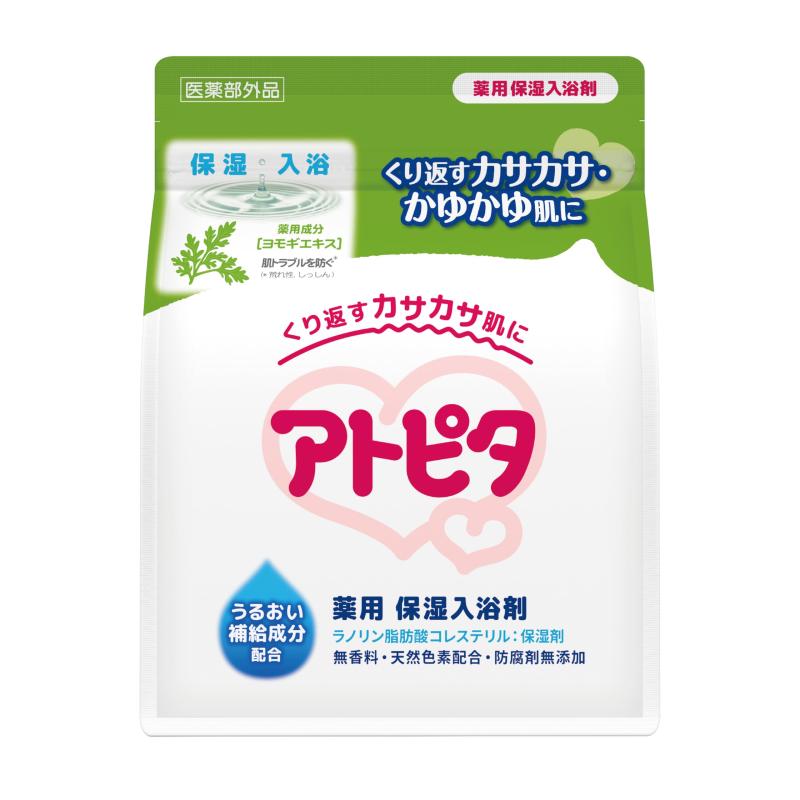 アトピタ 薬用保湿入浴剤 500gくりかえすカサカサ・かゆかゆ肌にうるおい補給成分 ラノリン脂肪酸コレステリル(保湿剤)配合。<br>薬用入浴剤：アルエットアトピタn<br><br>効能・効果<br>しっしん、荒れ性、あせも、あかぎれ<br><br>ご使用方法<br>・ご家庭のお風呂のお湯(180～200L)に1包(約25g)を入れ、よくかきまぜてから入浴してください。<br>・お湯の量に合わせて適宜増減してください。<br>・ぬるめのお湯で長めに入浴し、入浴後は洗い流さないほうがより効果的です。<br>他の入浴剤等と混ぜないでください。