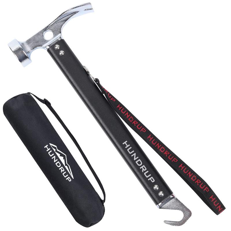 ペグハンマー 軽量 キャンプハンマー 3in1多機能 (抜く/打つ/掘る) 高炭素鋼製 固定用リベット追加 アルミ製ハンドル テントハンマー 収納袋付き