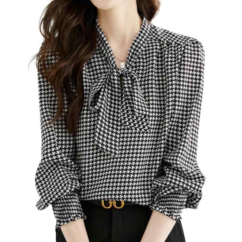 [] 千鳥柄 ブラウス レディース シャツ 長袖 リボン付き おしゃれ エレガント 可愛い 上品 パフスリーブ 女性らしい ゆる感 着痩せ 着回し力 普段着 ス 通勤 デート 秋 冬