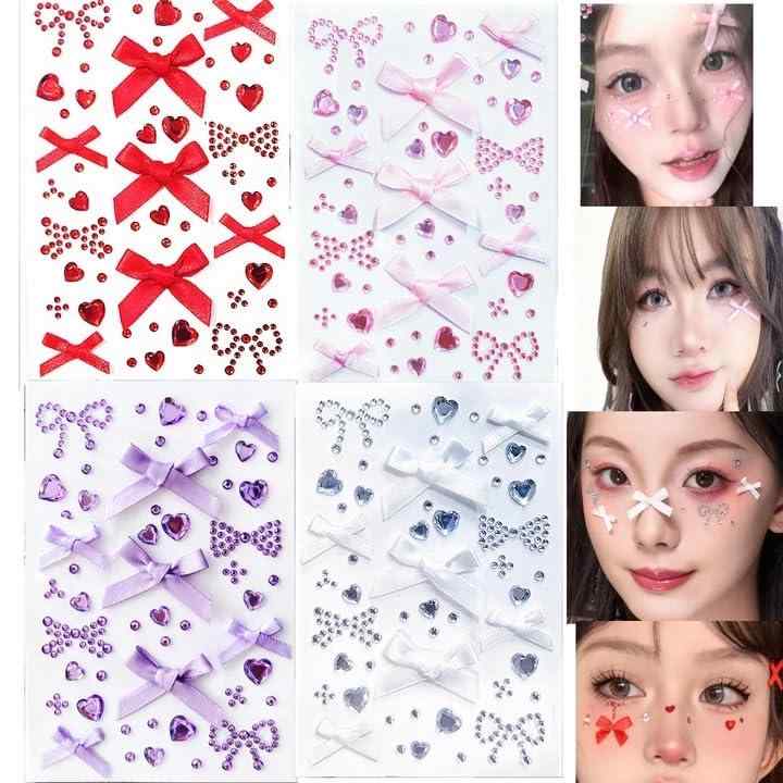 Rakuten - フェイスシール キラキラ4個セットメイクシール 顔シー ル 子供 ラインストーン リボン ハート 円形 貼り付け簡単 DIY ネイルデコパーツ 顔面デコ 携帯電話飾り用 貼り付け可能