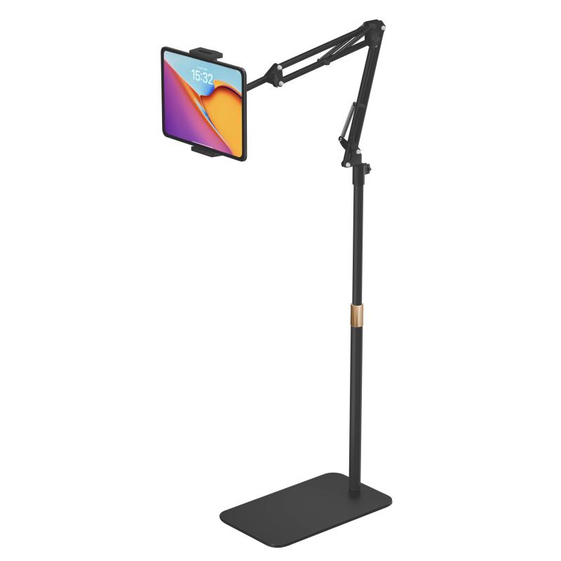 タブレット スタンド 伸縮式フロアスタンド iPadアーム 床置き 寝ながら 50-150cm高さ調整 角度調整 4.7-15.6インチ対応 360°回転 土台強化 下垂防止 スマホ/タブレット/モバイルモニタ対応