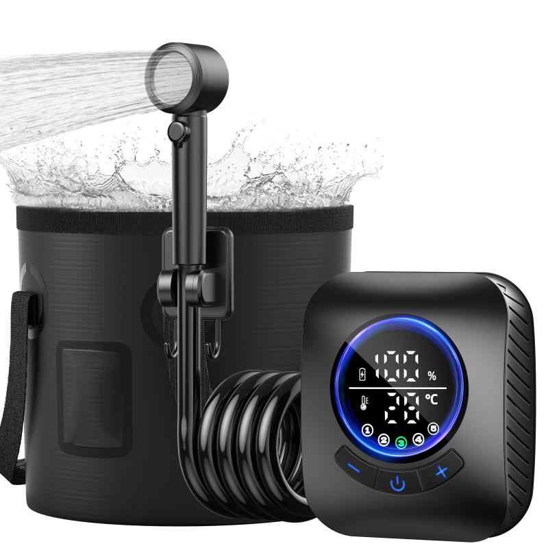ポータブルシャワー 電動 簡易 キャンプ アウトドア 海水浴 8000 充電式 交換ヘッド 20L 折りたたみバケツ デジタル画面 5つ出水モード 防災 災害時 洗車 ペットシャワー サーフィン 釣り マリンスポーツ ソロ ファミリー 車中泊 持ち運び 軽量 コンパクト 高圧 水圧調整