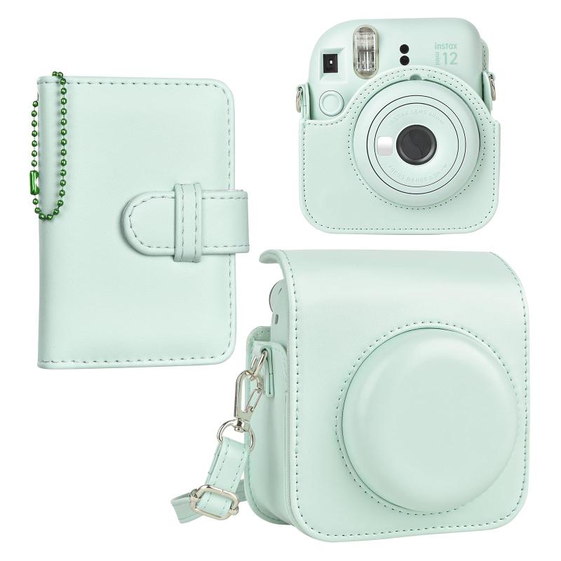 チェキケース mini 12ケース,Fujifilm チェキ12ケース と28枚写真入れアルバム付き2点セット チェキ mini 12カメラケース ショルダーストラップ付き PUレザー