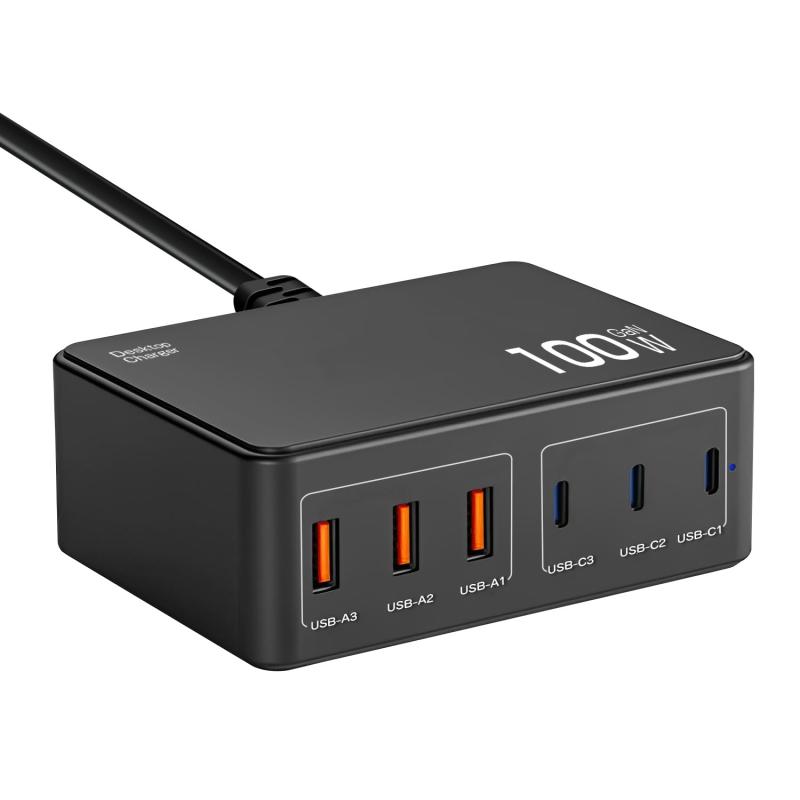 USB充電器 合計100W 急速充電器 PD充電器 PD30W対応 6台同時充電 GaN(窒化ガリウム) タイプc充電器 コンパクト合計100WマルチポートUSB充電器3つUSB-Cポート、3つUSB-Aポートを搭載していて、まとめて6台のデバイスを同時に充電できる100W卓上充電器です。外出先や忙しい生活の中で充電待ち時間を大幅に短縮し、充電のストレスから解放され、日常生活がより快適にタイプCポートPD3.0/30W急速充電単ポートまた2ポートを使用する場合は最大出力30Wをサポートします。iPhone、Android等のスマートフォンのみならず、タブレット端末、MacBook Airの充電にも最適です。USB-Aポートは5V/3Aの出力電力を提供し、従来のUSB充電器(5V 1A)よりも3倍の速度で、高速充電体験を提供します。複数のデバイス同時充電家族や同僚とシェアして使うのに最適な6ポート設計で、リビングやオフィスでも6台のデバイスを同時に充電可能です。複数のポートを同時に使用すると、接続された機器の必要電力に応じて100Wの出力を最適に分配し、効率よくスムーズに充電を行います。また、1.2メートルの延長コードで、コンセントから離れた場所も利用可能です。GaN窒化ガリウム採用・省スペース6つの壁コンセントポートを占有する代わりに、コイルの乱雑さを解消し、スペースを節約できます。次世代半導体GaN採用により高出力・低発熱・ 小型化を実現します。余分な熱を発生させずに動作中の温度を低くしてより強い出力パワーを提供し高効率充電を行います。多重保護システム・幅広い互換性これ一台でiPhone8-16シリーズ、iPadシリーズ、Samsung Galaxy 、スイッチ、スピーカー、ランプ、30W対応MacBook Airなどに対応しております。過充電保護、過放電保護、過熱防止、漏電保護など各種保護機能を備え、パワフルかつ安全な充電をご提供いたします。