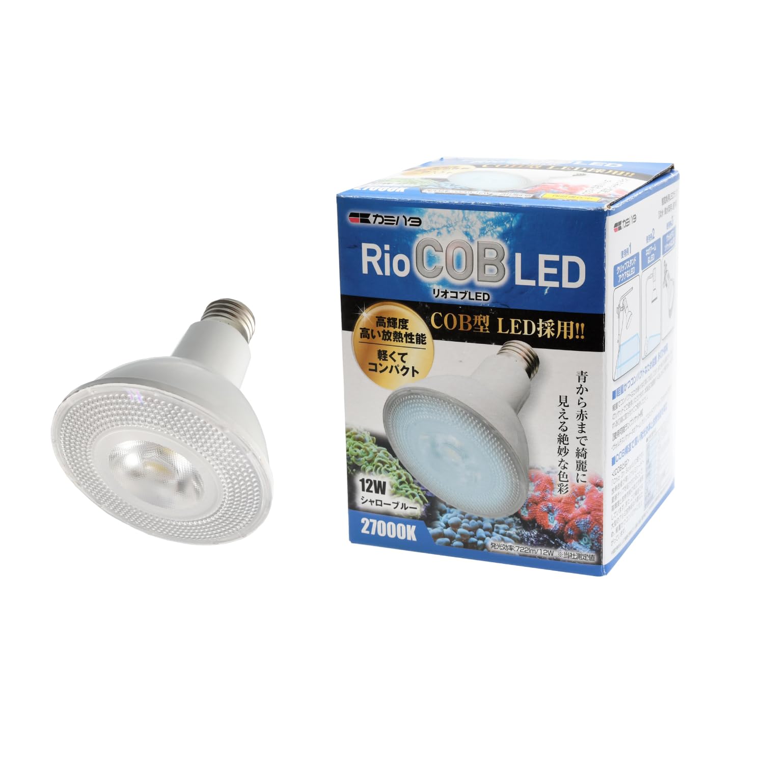 水槽用ライト LED 12W シャローブルー COB型 観賞魚用品 アクアリウム 海水魚 サンゴ用 照明 アクセサリ海水魚やサンゴの美しさを鮮やかに際立たせる、COB型LEDを採用した12Wのシャローブルー水槽用ライトです。高輝度かつ均一な光を照射できるCOB技術により、アクアリウム全体の色彩を鮮明に引き立てます。水槽内の環境を明るく照らすことで、海水魚の鑑賞やサンゴの育成に適した美しい水景を作り出します。アクアリウムの魅力をより一層高め、毎日の観賞を豊かで心地よい時間に変えてくれます。■商品の特徴高集光なCOB型LEDを搭載しており、ムラのない自然で強い光を水槽全体に届けることができます。広範囲を均一に照らせるため、海水魚の美しい色合いやサンゴの質感をくっきりと表現します。水槽内のレイアウト全体を明るく演出したいアクアリウムの設置シーンで活躍します。12Wの消費電力でエネルギー効率に優れた照射をおこないます。十分な光量を確保しながら無駄な電力を抑え、長時間の点灯でも効率よく使用できます。毎日点灯させる海水魚やサンゴの水槽用照明として適しています。海水魚やサンゴの育成と鑑賞に適したシャローブルーの光色を採用しています。浅瀬の海中を思わせる爽やかな青色の光線が、水中の透明感を際立たせます。サンゴ水槽や海水アクアリウムの演出において、幻想的で美しい水中景観を作り出します。熱伝導と放熱性に優れた構造を採用しており、安定した発光性能を維持します。LED素子の熱劣化を防ぐことで、明るく鮮やかな照射を長く保つことが可能です。水槽の上に常時設置して使用する観賞魚用ライトとして安心して活用できます。■こんなお悩みありませんか？水槽内が暗く海水魚やサンゴの本来の色味が綺麗に見えない。光のムラや影ができてしまい水槽全体を均一に照らせない。サンゴや海水魚の鑑賞に適した青色の水槽用照明を探している。■選ばれる理由高密度のCOB型LED素子を採用しており、単体LEDのような影の重なりが生じにくく、自然な水中光を再現できます。シャローブルーの波長と光量が海水魚やサンゴの美しさを最大限に引き出し、本格的なアクアリウム空間を演出します。扱いやすい12W仕様で、ご家庭の水槽用アクセサリとして手軽に導入いただけます。■商品仕様商品名：RioCOB LED 12W シャローブルー光源：COB型LED消費電力：12W用途：海水魚・サンゴ用照明※入荷時期により、パッケージのデザイン・仕様が異なる場合がございます。