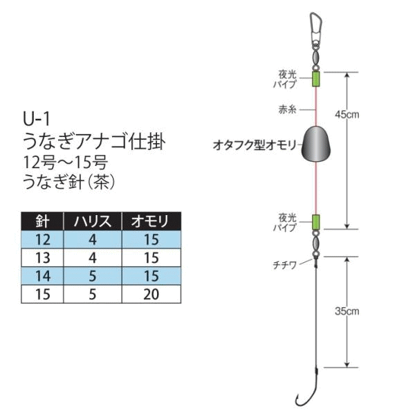 かわせみ針 カワセミ うなぎ・アナゴ仕掛 U-1 針15号 ハリス5号 / ウナギ あなご ぶっこみ 投げ釣り 仕掛け つり具 【メール便発送】