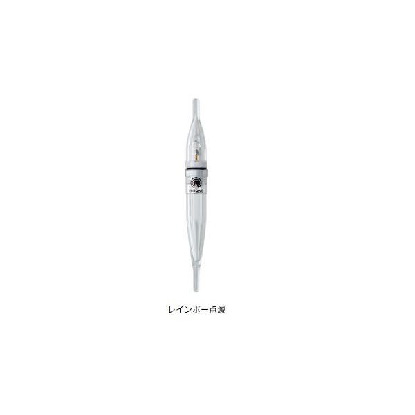 高輝度LEDを採用した超小型軽量の水中ライト。 リチウム電池対応で、小型軽量化を実現。 ルアーでのメバリングをはじめ、繊細な仕掛けにも対応。 水中重量は、限りなくゼロに近く、魚への違和感が非常に少ない。 ■サイズ：9.5Φ×80mm　 ■重量：2.9g(電池含む)　 ■耐水圧：約200m　 ■使用電池：リチウム電池BR435(別売）　 ■ストッパーゴム付　 ●タイプ:点滅 ●カラー:レインボー ●連続点灯時間:30時間以上 JANコード レインボー点滅 4997340012328