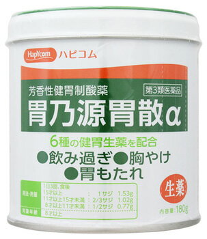 お買い上げいただける個数は5個までです リニューアルに伴いパッケージ・内容等予告なく変更する場合がございます。予めご了承ください。 名　称 胃乃源胃散α 内容量 180g 特　徴 6種の健胃生薬を配合 ◆飲み過ぎ ◆胸やけ ◆胃もたれ 効能・効果 胃酸過多、胸やけ、胃部不快感、胃部・腹部膨満感、もたれ（胃もたれ）、胃重、胸つかえ、げっぷ（おくび）、はきけ（むかつき、胃のむかつき、二日酔・悪酔のむかつき、嘔気、悪心）、嘔吐、飲み過ぎ（過飲）、胃痛、食欲不振（食欲減退）、消化不良、胃弱、食べ過ぎ（過食） 用法・用量 1日3回、食後水又はさゆにて服用してください。 年齢・・・1回量・・・1日服用回数 大人（15才以上）・・・1サジ 1.53g・・・3回 11才以上15才未満・・・2/3サジ 1.02g・・・3回 8才以上11才未満・・・1/2サジ 0.77g・・・3回 8才未満・・・服用しない ●用法・用量に関連する注意（1）小児に服用させる場合には、保護者の指導監督のもとに服用させてください。 （2）用法・用量を正しく守って、添付のサジを清潔に使用し、服用してください。 成分・分量 4.6g（大人1日量）中 成分・・・分量・・・作用 炭酸水素ナトリウム・・・1800mg・・・胃酸を中和し、胸やけ、胃酸過多、胃の痛みなどを改善します。 沈降炭酸カルシウム・・・1500mg・・・胃酸を中和し、胸やけ、胃酸過多、胃の痛みなどを改善します。 炭酸マグネシウム・・・380mg・・・胃酸を中和し、胸やけ、胃酸過多、胃の痛みなどを改善します。 ケイヒ末・・・500mg・・・食欲不振や胃弱などを改善します。 ゲンチアナ末・・・45mg・・・食欲不振や胃弱などを改善します。 ウイキョウ末・・・50mg・・・胃のもたれや胃の痛みなどを改善します。 ショウキョウ末・・・20mg・・・食欲不振やはきけなどを改善します。 ニガキ末・・・10mg・・・胃炎や消化不良などを改善します。 チンピ末・・・10mg・・・胃炎や消化不良などを改善します。 添加物として軽質無水ケイ酸、カンゾウ末、l-メントール、キシリトール、アスパルテーム（L-フェニルアラニン化合物）、バレイショデンプンを含みます。 区　分 医薬品/商品区分：第3類医薬品/芳香性健胃制酸薬/日本製 ご注意 【使用上の注意】 ●相談すること 1．次の人は服用前に医師、薬剤師又は登録販売者に相談してください （1）医師の治療を受けている人。 （2）次の診断を受けた人。 腎臓病、甲状腺機能障害 2．2週間位服用しても症状がよくならない場合は服用を中止し、この製品を持って医師、薬剤師又は登録販売者に相談してください 【保管及び取扱い上の注意】（1）直射日光の当たらない湿気の少ない涼しい所に密栓して保管してください。 （2）小児の手の届かない所に保管してください。 （3）他の容器に入れ替えないでください。（誤用の原因になったり品質が変わる） （4）使用期限（缶底部に記載）を過ぎた製品は服用しないでください。 ◆本品記載の使用法・使用上の注意をよくお読みの上ご使用下さい。 製造販売元 奥田製薬株式会社　大阪市北区天満1丁目4番地5号 お問合せ 奥田製薬株式会社　大阪市北区天満1丁目4番地5号 お問合せ　電話：06-6351-2100　受付時間9：00〜17：00(土日祝日を除く) 広告文責 株式会社ツルハグループマーチャンダイジング カスタマーセンター　0852-53-0680 JANコード：4987037528171　