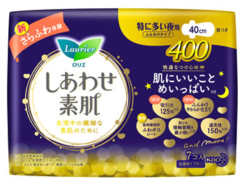 花王 ロリエ しあわせ素肌 ふんわりタイプ 特に多い夜用 400 羽つき (7個) 40cm 生理用ナプキン 備蓄　【医薬部外品】