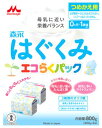 リニューアルに伴いパッケージ・内容等予告なく変更する場合がございます。予めご了承ください。 名　称 森永　はぐくみ 　エコらくパック　つめかえ用 内容量 400g×2袋 特　徴 日本初の詰め替え用ミルク　エコらくパック詰め替え用　はぐくみです。 森永ドライミルクはぐくみは、栄養成分の量とバランスを母乳に近づけています。 初乳に多いラクトフェリン入り。赤ちゃんの脳の発達に重要であるといわれている成分、アラキドン酸（ARA）を新しく配合いたしました。 ※スプーンは添付されておりません。 0ヶ月から母乳に近い栄養バランス エコらくポイント袋ごと入れかえ、袋だけポイッ！場所をとらないコンパクトサイズ！使い勝手のよい少量パック 赤ちゃんにとって、健康なお母さんの母乳が最良です。森永はぐくみは、母乳が足りない赤ちゃんに、安心してお使いいただけます。森永はぐくみは、最新の母乳研究の成果をもとに、栄養成分の量とバランスを母乳に近づけたミルクです。甘すぎない風味で混合栄養にも安心です。サッと溶けるので調乳もラクラクです。 ◆配合割合100g当たり乳成分・・・65.4g調整脂肪・・・26.3g可溶性多糖類（デキストリン）・・・3.2gオリゴ糖（ラフィノース、ガラクトオリゴ糖）・・・1.0gその他（ビタミン、ミネラル、水分）・・・4.1g ◆主要な混合物乳又は乳製品以外の乳成分（乳糖、乳清たんぱく質消化物、カゼイン、カゼイン消化物）・・・29.4％乳脂肪以外の脂肪（パーム核油、パーム油、大豆油、精製魚油、アラキドン酸含有油、レシチン）・・・26.3％乳糖以外の糖（デキストリン、ラフィノース、ガラクトオリゴ糖）・・・4.2％ 原材料 ホエイパウダー（乳清たんぱく質）、調整脂肪（パーム核油、パーム油、大豆油）、乳糖、脱脂粉乳、乳清たんぱく質消化物、デキストリン、バターミルクパウダー、乳糖分解液（ラクチュロース）、カゼイン、ガラクトオリゴ糖液糖、ラフィノース、精製魚油、アラキドン酸含有油、カゼイン消化物、食塩、酵母、L-カルニチン、炭酸カルシウム、レシチン、塩化マグネシウム、ビタミンC、ラクトフェリン、クエン酸三ナトリウム、リン酸水素二カリウム、コレステロール、塩化カルシウム、イノシトール、ピロリン酸第二鉄、ビタミンE、タウリン、硫酸亜鉛、シチジル酸ナトリウム、ビタミンD3、パントテン酸カルシウム、ニコチン酸アミド、ウリジル酸ナトリウム、ビタミンA、硫酸銅、5-アデニル酸、イノシン酸ナトリウム、グアニル酸ナトリウム、ビタミンB6、ビタミンB1、葉酸、β-カロテン、ビタミンB12 栄養成分表示 100g当たり熱量・・・512kcalたんぱく質・・・11.0g脂質・・・27.0g炭水化物・・・57.0gナトリウム・・・140mgビタミンA・・・410μgビタミンB1・・・0.35mgビタミンB2・・・0.7mgビタミンB6・・・0.3mgビタミンB12・・・1.2μgビタミンC・・・60mgビタミンD・・・6.5μgビタミンE・・・10mgビタミンK・・・25μgカルシウム・・・380mgリン・・・210mgカリウム・・・495mgマグネシウム・・・45mg鉄・・・6mg銅・・・0.32mg亜鉛・・・3.0mgマンガン・・・30μgセレン・・・7μgヨウ素・・・55μgナイアシン・・・3.5mg葉酸・・・100μgパントテン酸・・・4mgコレステロール・・・46mgβ-カロテン・・・45μg リノール酸・・・3.6gα-リノレン酸・・・0.4gアラキドン酸（ARA）・・・35mgドコサヘキサエン酸（DHA）・・・70mgイノシトール・・・60mgコリン・・・60mgL-カルニチン・・・12mgラクトフェリン・・・80mgシスチン・・・200mgタウリン・・・20mgリン脂質・・・320mgスフィンゴミエリン・・・50mgヌクレオチド・・・8mgラクチュロース・・・500mgラフィノース・・・500mgガラクトオリゴ糖・・・500mg塩素・・・310mg 灰分・・・2.3g水分・・・2.7g 区　分 乳児用調整粉乳（特別用途食品）、育児用ミルク ご注意 ◆本品記載の使用法・使用上の注意をよくお読みの上ご使用下さい。 製造者 森永乳業株式会社　東京都港区芝5-33-1 お問合せ 【森永乳業「お客さま相談室】電話：0120-303-633 広告文責 株式会社ツルハグループマーチャンダイジング カスタマーセンター　0852-53-0680 JANコード：4902720109109　