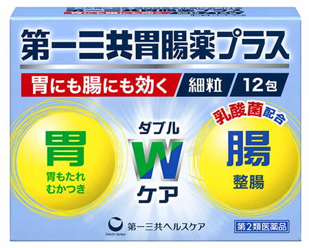 お買い上げいただける個数は5個までです リニューアルに伴いパッケージ・内容等予告なく変更する場合がございます。予めご了承ください。 名　称 第一三共胃腸薬プラス　細粒 内容量 1.3g×12包 特　徴 ◆「胃」と「腸」をダブルケアするタイプの胃腸薬です。 6つの生薬成分が弱った「胃」に効き、植物性の乳酸菌「ラクボン」が「腸」の状態を正常に近づけます。 効能・効果 ・もたれ、食べ過ぎ、飲み過ぎ、胸つかえ、食欲不振 ・胸やけ、胃痛、胃酸過多、胃重、胃部不快感、げっぷ ・消化不良、消化促進、胃弱、胃部・腹部膨満感 ・はきけ（むかつき、二日酔・悪酔のむかつき、悪心）、嘔吐 ・整腸（便通を整える）、軟便、便秘 用法・用量 次の量を水又はお湯で服用して下さい。 年齢・・・1回量・・・1日服用回数 15歳以上・・・1包・・・3回 食後に服用して下さい。 11歳以上15歳未満・・・2/3包・・・3回 食後に服用して下さい。 8歳以上11歳未満・・・1/2包・・・3回 食後に服用して下さい。 5歳以上8歳未満・・・1/3包・・・3回 食後に服用して下さい。 3歳以上5歳未満・・・1/4包・・・3回 食後に服用して下さい。 3歳未満・・・服用しない ●用法・用量に関連する注意（1）用法・用量を厳守して下さい。 （2）3歳以上の幼小児に服用させる場合には、保護者の指導監督のもとに服用させて下さい。 成分・分量 本剤は、白色〜わずかに黄褐色を帯びた白色の細粒と淡褐色〜褐色の細粒の分包品で、特異なにおいがあり、3包（1包1.3g）中に次の成分を含有しています。 成分・・・分量・・・作用 タカヂアスターゼN1・・・150mg・・・広いpH域ではたらく消化酵素で、消化を助け、栄養の吸収をよくします。 リパーゼAP12・・・60mg・・・脂肪消化酵素で胃の消化機能を助けます。 有胞子性乳酸菌（ラクボン原末）・・・60mg・・・乳酸菌の胞子を製剤化したもので、安定性がよく、服用後は腸管内で繁殖して腐敗菌などの有害細菌の増殖をおさえて、整腸作用を発揮します。 ケイ酸アルミン酸マグネシウム・・・900mg・・・持続的・速効的な制酸作用により、胸やけ、げっぷなどの過酸症状を改善します。 合成ヒドロタルサイト・・・600mg・・・持続的・速効的な制酸作用により、胸やけ、げっぷなどの過酸症状を改善します。 沈降炭酸カルシウム・・・600mg・・・持続的・速効的な制酸作用により、胸やけ、げっぷなどの過酸症状を改善します。 オウバク末・・・105mg・・・味や香りによって味覚を刺激し、胃液や消化液の分泌を調節し、消化を助けます。 ケイヒ末・・・225mg・・・味や香りによって味覚を刺激し、胃液や消化液の分泌を調節し、消化を助けます。 ショウキョウ末・・・75mg・・・味や香りによって味覚を刺激し、胃液や消化液の分泌を調節し、消化を助けます。 チョウジ末・・・30mg・・・味や香りによって味覚を刺激し、胃液や消化液の分泌を調節し、消化を助けます。 ウイキョウ末・・・60mg・・・味や香りによって味覚を刺激し、胃液や消化液の分泌を調節し、消化を助けます。 l-メントール・・・9mg・・・味や香りによって味覚を刺激し、胃液や消化液の分泌を調節し、消化を助けます。 アルジオキサ・・・60mg・・・胃粘膜のあれやただれの修復を助けます。 カンゾウ末・・・150mg・・・胃粘膜のあれやただれの修復を助けます。 添加物：セルロース、乳糖、ポリソルベート80、ヒドロキシプロピルセルロース、サンショウ 区　分 医薬品/商品区分：第2類医薬品/胃腸薬/日本製 ご注意 【使用上の注意】 ●してはいけないこと （守らないと現在の症状が悪化したり、副作用が起こりやすくなります） 1．次の人は服用しないで下さい。 透析療法を受けている人 2．長期連用しないで下さい。 ●相談すること 1．次の人は服用前に医師、薬剤師又は登録販売者に相談して下さい。 （1）医師の治療を受けている人 （2）薬などによりアレルギー症状を起こしたことがある人 （3）次の診断を受けた人 腎臓病、甲状腺機能障害 2．服用後、次の症状があらわれた場合は副作用の可能性がありますので、直ちに服用を中止し、この文書を持って医師、薬剤師又は登録販売者に相談して下さい。 ［関係部位：症状］ 皮膚：発疹・発赤、かゆみ 3．服用後、次の症状があらわれることがありますので、このような症状の持続又は増強が見られた場合には、服用を中止し、この文書を持って医師、薬剤師又は登録販売者に相談して下さい。 便秘、下痢 4．2週間位服用しても症状がよくならない場合は服用を中止し、この文書を持って医師、薬剤師又は登録販売者に相談して下さい。 【保管及び取扱い上の注意】（1）直射日光の当たらない湿気の少ない涼しい所に保管して下さい。 （2）小児の手の届かない所に保管して下さい。 （3）他の容器に入れ替えないで下さい。（誤用の原因になったり品質が変わります） （4）1包を分割した残りを服用する場合は、袋の口を折り返して保管し、2日以内に服用して下さい。 （5）表示の使用期限を過ぎた製品は使用しないで下さい。 ◆本品記載の使用法・使用上の注意をよくお読みの上ご使用下さい。 製造販売元 第一三共ヘルスケア株式会社 東京都中央区日本橋3-14-10 お問合せ 第一三共ヘルスケア株式会社　東京都中央区日本橋3-14-10 問い合わせ先：お客様相談室　電話：0120-337-336 受付時間：9：00〜17：00（土、日、祝日を除く） 広告文責 株式会社ツルハグループマーチャンダイジング カスタマーセンター　047-409-4023 JANコード：4987107170804