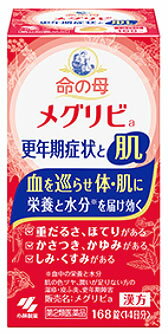 お買い上げいただける個数は5個までです リニューアルに伴いパッケージ・内容等予告なく変更する場合がございます。予めご了承ください。 名　称 メグリビa 内容量 168錠 特　徴 この漢方薬は、更年期の不調に加え、肌の悩み（しみ、湿疹・皮ふ炎）も改善します ◆生薬の力で血を巡らせ、酸素、栄養、水分を身体、肌の隅々まで届けます ◆苦味を感じにくく飲みやすい錠剤タイプです 効能・効果 体力中等度以下で、皮ふがあれてかさかさし、ときに色つやが悪く、胃腸障害はなく、肩がこり、疲れやすく精神不安やいらだちなどの精神神経症状、ときにかゆみ、便秘の傾向のあるものの次の諸症：湿疹・皮ふ炎、しみ、冷え性、虚弱体質、月経不順、月経困難、更年期障害、血の道症 注） 注）「血の道症」とは、月経、妊娠、出産、産後、更年期など女性のホルモンの変動に伴って現れる精神不安やいらだちなどの精神神経症状および身体症状のことである 用法・用量 次の量を食前又は食間に水又はお湯で服用してください 年齢・・・1回量・・・1日服用回数 大人（15才以上）・・・4錠・・・1日3回 15才未満・・・服用しない ●用法・用量に関連する注意 (1)定められた用法・用量を厳守すること (2)吸湿しやすいため、服用のつどキャップをしっかりしめること ※食間とは「食事と食事の間」を意味し、食後約2〜3時間のことをいいます 成分・分量 1日量（12錠）中 成分・・・分量 加味逍遥散合四物湯エキス（トウキ・・・1.5g ビャクジュツ・・・1.5g サイコ・・・1.5g ジオウ・・・1.5g ボタンピ・・・1.0g ショウキョウ・・・0.5g シャクヤク・・・1.5g ブクリョウ・・・1.5g センキュウ・・・1.5g カンゾウ・・・1.0g サンシシ・・・1.0g ハッカ・・・0.5g より抽出）・・・3.2g 添加物として、無水ケイ酸、ケイ酸Al、CMC-Ca、ステアリン酸Mg、乳糖を含有する 区　分 医薬品/商品区分：第2類医薬品/漢方製剤/日本製 ご注意 【使用上の注意】 ●相談すること 1.次の人は服用前に医師、薬剤師又は登録販売者に相談すること (1)医師の治療を受けている人 (2)妊婦又は妊娠していると思われる人 (3)体の虚弱な人(体力の衰えている人、体の弱い人) (4)胃腸が弱く下痢しやすい人 (5)高齢者 (6)今までに薬などにより発疹・発赤、かゆみ等を起こしたことがある人 (7)次の症状のある人 むくみ (8)次の診断を受けた人 高血圧、心臓病、腎臓病 2.服用後、次の症状があらわれた場合は副作用の可能性があるので、直ちに服用を中止し、この文書を持って医師、薬剤師又は登録販売者に相談すること (関係部位：症状) 皮ふ：発疹・発赤、かゆみ 消化器：吐き気・嘔吐、食欲不振、胃部不快感、腹痛 まれに下記の重篤な症状が起こることがある。その場合は直ちに医師の診療を受けること (症状の名称：症状) 偽アルドステロン症、ミオパチー：手足のだるさ、しびれ、つっぱり感やこわばりに加えて、脱力感、筋肉痛があらわれ、徐々に強くなる 腸間膜静脈硬化症：長期服用により、腹痛、下痢、便秘、腹部膨満等が繰り返しあらわれる 3.服用後、次の症状があらわれることがあるので、このような症状の持続又は増強が見られた場合には、服用を中止し、この文書を持って医師、薬剤師又は登録販売者に相談すること 下痢 4.1ヶ月位服用しても症状がよくならない場合は服用を中止し、この文書を持って医師、薬剤師又は登録販売者に相談すること 5.長期連用する場合には、医師、薬剤師又は登録販売者に相談すること 【保管及び取扱い上の注意】 (1)直射日光の当たらない湿気の少ない涼しい所に密栓して保管すること (2)小児の手の届かない所に保管すること (3)他の容器に入れ替えないこと(誤用の原因になったり品質が変わる) (4)本剤をぬれた手で扱わないこと (5)ビンの中の詰め物は輸送時の破損防止用なので開封時に捨てること ◆本品記載の使用法・使用上の注意をよくお読みの上ご使用下さい。 製造販売元 大阪府茨木市豊川1-30-3 お問合せ 小林製薬株式会社　大阪市中央区道修町4-4-10 お問い合わせ　電話：0120-5884-01　9：00〜17：00(土、日、祝日を除く) 広告文責 株式会社ツルハグループマーチャンダイジング カスタマーセンター　0852-53-0680 JANコード：4987072058244