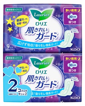 花王 ロリエ 肌きれいガード 多い夜用 羽つき 30cm (9個×2個) 生理用ナプキン　【医薬部外品】 1