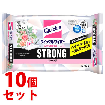 《セット販売》　花王 クイックルワイパー 立体吸着ウエットシート ストロング フレッシュフローラルの香り (12枚)×10個セット 住宅用掃除シート