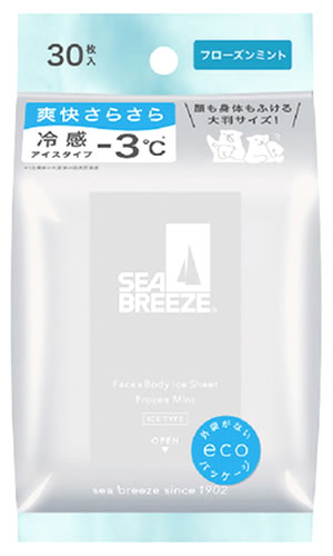 リニューアルに伴いパッケージ・内容等予告なく変更する場合がございます。予めご了承ください。 名　称 SEA BREEZE　フェイス＆ボディアイスシート　N　フローズンミント 内容量 30枚 特　徴 ひんやり涼やかで清潔感を感じるフローズンミントの香り 爽快さらさら、いい香り。顔も身体もふける大判サイズ！ 拭いた瞬間、すっきり爽快リフレッシュ！ 汗や肌の汚れをしっかり拭き取り、 1枚で顔も身体も全身拭けるフェイス＆ボディシート！ 成　分 水,エタノール,DPG,メントール,乳酸Na,乳酸,乳酸メンチル,マドンナリリー根エキス,ラベンダー花エキス,PPG−20デシルテトラデセス−10,EDTA−3Na,BG,トコフェロール,香料 使用方法 わきの下・腕・首・胸元・背中・脚・顔・頭皮・髪の毛など全身につかえます。 区　分 化粧品/ボディシート、フェイスシート/日本製 ご注意 ◆本品記載の使用法・使用上の注意をよくお読みの上ご使用下さい。 販売元 株式会社ファイントゥデイ　東京都港区港南2-16-3 お問合せ先　ファイントゥデイお客さま窓口　電話：0120-202-166 広告文責 株式会社ツルハグループマーチャンダイジング カスタマーセンター　0852-53-0680 JANコード：4550516475558