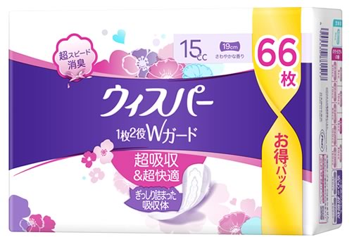 P&G ウィスパー 1枚2役Wガード 15cc (66枚) 19cm パンティライナー 軽失禁ライナー さわやかな香り　【..
