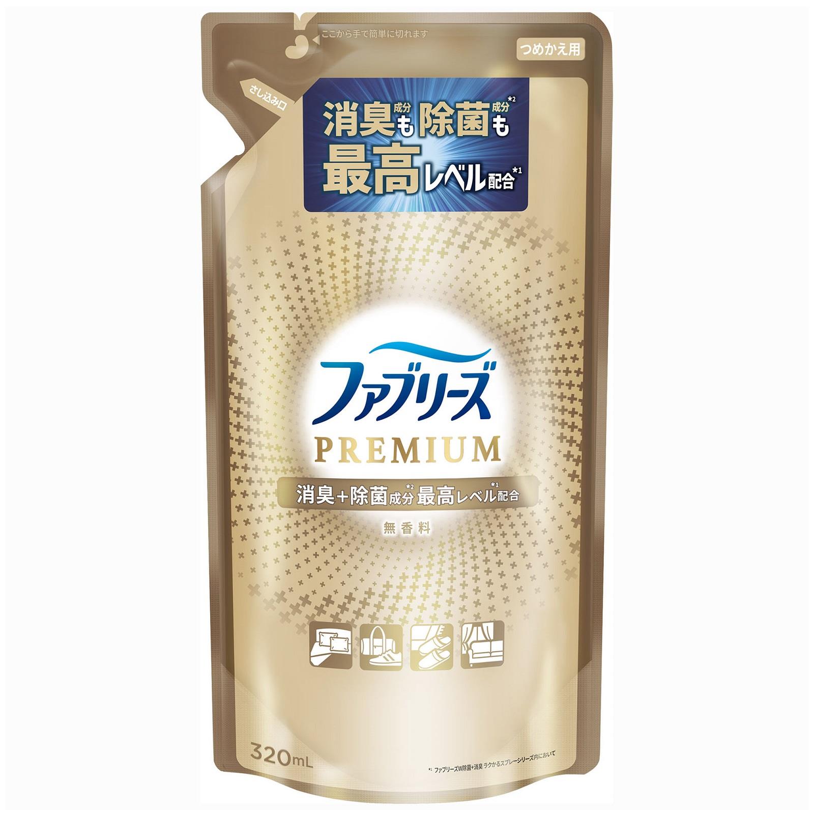 P&G ファブリーズ W除菌+消臭 プレミアム 無香料 つめかえ用 (320mL) 詰め替え用 衣類・布製品用 消臭スプレー　【P＆G】