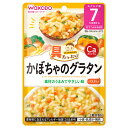 リニューアルに伴いパッケージ・内容等予告なく変更する場合がございます。予めご了承ください。 商品名称 具たっぷりグーグーキッチン　かぼちゃのグラタン 内容量 80g 特徴 ◆モグモグ期 舌でつぶせる固さ 素材のうまみでやさしい味 パスタ入り 1食分 ◆ご家庭では調理しにくいたんぱく素材を含むバラエティ豊かな「具」がたっぷり！ ・たっぷりの野菜、パスタをほんのり甘いかぼちゃソースで仕上げました。 ・着色料、香料は使用しておりません。 ◆この商品でとれる食材・たんぱく素材：鶏肉 ・野菜：にんじん ブロッコリー かぼちゃ たまねぎ ・その他：スパゲッティ じゃがいも ◆乳児用規格適用食品 ◆不足しがちなカルシウムをサポート！ ・摂取目安量 125mg／食※1 ・本品1袋当たり 100mg ・摂取上限量は設定なし ※1 「日本人の食事摂取基準（2020年版）」6-11か月の目安量（男女平均算出値）をもとに1食当たりを算出 ※2 「授乳・離乳の支援ガイド」をもとに1食当たりを算出 原材料 じゃがいも（国産）、野菜（にんじん、ブロッコリー）、かぼちゃペースト、スパゲッティ（小麦を含む）、鶏肉加工品（鶏肉、パン粉、たまねぎ、でん粉、食塩）、オニオンソテー、ぶどう糖、全粉乳、バター、チキン・フィッシュブイヨン、食塩／増粘剤（加工でん粉）、炭酸カルシウム、クエン酸 栄養成分表示 1袋（80g）当たり エネルギー・・・54kcal たんぱく質・・・1.1-2.0g 脂質・・・1.1-2.0g 炭水化物・・・8.5g 食塩相当量・・・0.26g カルシウム・・・100mg 区分 ベビーフード、離乳食 注意事項 ◆本品記載の使用法・使用上の注意をよくお読みの上ご使用下さい。 お問合せ先 アサヒグループ食品株式会社　東京都墨田区吾妻橋1-23-1 お問合せ先　お客様相談室　電話：0120-889283 広告文責 株式会社ツルハグループマーチャンダイジングカスタマーセンター　0852-53-0680 JANコード：4987244600691