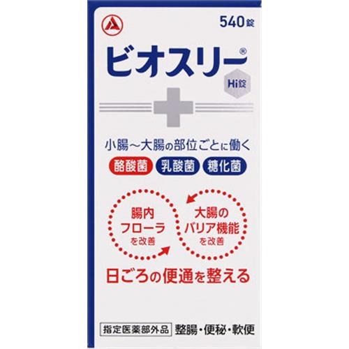 お買い上げいただける個数は3個までです &nbsp; リニューアルに伴いパッケージ・内容等予告なく変更する場合がございます。予めご了承ください。 &nbsp; 商品名称 アリナミン製薬 ビオスリーHi錠　540錠 内容量 540錠 特徴 ◆日ごろの便通を整える &nbsp; ◆ビオスリーは小腸から大腸の部位ごとに働く3種の活性菌（「酪酸菌」、「乳酸菌」、「糖化菌」）を配合しています。 &nbsp; ◆腸内フローラと大腸のバリア機能を改善することで、日ごろの便通を整えます。 便秘や軟便にも、日ごろのおなかのケアにも使えます。 &nbsp; ◆のみやすい、やや甘みのある小粒の錠剤です。 効能／効果 整腸（便通を整える）、便秘、軟便、腹部膨満感 用法／用量 ■次の量を、食後に服用してください。 ・年齢・・・成人（15歳以上） ・1回量・・・2錠 ・1日服用回数 ・・・3回 ・5歳以上15歳未満・・・1錠・・・3回 5歳未満・・・服用しないこと （1）小児に服用させる場合には、保護者の指導監督のもとに服用させてください。 （2）用法・用量を厳守してください。 材質・原材料・成分 6錠中 成分名・・・含量・・・働き 酪酸菌・・・150mg・・・（・大腸で働く。・腸内を有用菌（善玉菌）が棲みやすい環境にし、腸内フローラを整える。・酪酸を産生し、大腸のバリア機能に必要な粘液の分泌を促す。） ラクトミン（乳酸菌）・・・30mg・・・（・小腸-大腸で働く。・乳酸を産生して腸内フローラを整える。・酪酸菌を増やす。） 糖化菌・・・150mg・・・（・小腸で働く。・腸内有用菌（善玉菌）の乳酸菌やビフィズス菌を増やす。） 添加物として、バレイショデンプン、セルロース、ヒドロキシプロピルセルロース、乳糖水和物、無水ケイ酸、タルク、ステアリン酸Mgを含有する。 区分 指定医薬部外品 保管及び取扱い上の注意（免責） （1）直射日光のあたらない湿気の少ない涼しい所に密栓して保管してください。 （2）小児の手の届かない所に保管してください。 （3）他の容器に入れ替えないでください。 （誤用の原因や品質が変わるおそれがあります。） （4）本剤は湿気を吸いやすいので、服用のつど必ずフタをかたくしめてください。 （5）ビンの中の上部のつめものは、錠剤がこわれるのを防ぐために入れてありますので、フタを開けた後は取り除いてください。 （6）使用期限のすぎた製品は服用しないでください。 （7）箱とビンの「開封年月日」記入欄に、ビンを開封した日付を記入してください。 （8）一度開封した後は、品質保持の点から開封日より6ヵ月以内を目安になるべくすみやかに服用してください。◆本品記載の使用法・使用上の注意をよくお読みの上ご使用下さい。 注意事項 1．次の人は服用前に医師又は薬剤師にご相談ください。 医師の治療を受けている人。 2．次の場合は、服用を中止し、この添付文書を持って医師又は薬剤師にご相談ください。 1ヵ月位服用しても症状がよくならない場合。◆本品記載の使用法・使用上の注意をよくお読みの上ご使用下さい。 発売元 アリナミン製薬 お問合せ先 アリナミン製薬株式会社「お客様相談室」 0120-567-087 &nbsp;9:00-17:00（土、日、祝日を除く） 広告文責 株式会社ツルハグループマーチャンダイジングカスタマーセンター　047-409-4023 JANコード：4987910003559