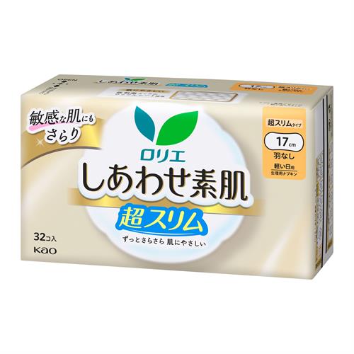 リニューアルに伴いパッケージ・内容等予告なく変更する場合がございます。予めご了承ください。 名　称 ロリエ　しあわせ素肌　超スリムタイプ　軽い日用　羽なし　17cm 内容量 32個 特　徴 ◆生理中の繊細な素肌のために。肌にいいことめいっぱい＊1。 ◆ロリエ独自の低刺激設計ふわポコ表面シート。残さず吸収。肌ベタつかない。空気たっぷりふわさら触感。肌との接触面積を最小限に＊1。ナプキンのふちまで、やわらかくこすれにくい。 ◆すっきりフィットで経血をしっかり吸収。ふいにでた経血もすーっと吸い込む。経血を閉じ込めて肌に戻さない。ズレにくく肌快適。 ◆通気性150％＊2。ショーツ内のムレを逃がす。肌さらさらエアスルー。 ＊1 ロリエ 生理用ナプキン内 ＊2 「ロリエ 肌きれいガード 表面シート」との比較 ◆17cm・羽なし ◆軽い日用 構成材料 表面材：ポリエチレン・ポリプロピレン・ポリエステル 色調：白、青（青色404号を含む） 区　分 医薬部外品/生理用ナプキン/日本製 ご注意 【使用上の注意】お肌に合わない時は医師に相談してください。 使用後のナプキンは個別ラップに包んですててください。 トイレにすてないでください。 【保管上の注意】 開封後は、ほこりや虫等が入り込まないよう、衛生的に保管してください。 ◆本品記載の使用法・使用上の注意をよくお読みの上ご使用下さい。 販売元 花王株式会社　東京都中央区日本橋茅場町1-14-10 お問合せ　電話：0120-165-695 広告文責 株式会社ツルハグループマーチャンダイジング カスタマーセンター　047-409-4023 JANコード：4901301282415　