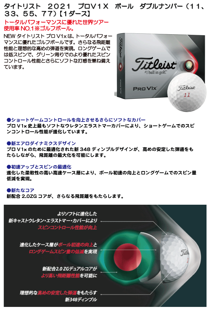 【ポイント最大10倍＆お買い得クーポン！買い回りキャンペーン】《あす楽》タイトリスト　2021　プロV1X　ボール　ダブルナンバー（11、33、55、77）【1ダース】