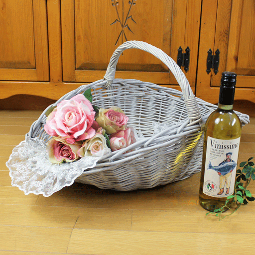 【かご1000点即日発送】ビーナスの花かご　ワンハンドルバスケットLサイズ＜アンティークホワイト＞　60×38×h30（取っ手含む）【披露宴/パーティ/プチギフト入れ/ハロウィン/お菓子入れ/キャンディバッグ】