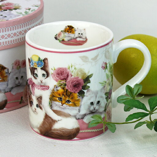 プレゼント用リボンの丸型BOX入り♪　窓辺の猫たち　マグカップ【250ml/ボーンチャイナ/ロイヤルアーデン/磁器/電子レンジ可/ネコ】