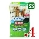 　 超小-小型犬用（男の子） 長時間オムツ 2種類のデザイン入り 動いてもズレずにモレ安心！ ・SSサイズ（胴まわり：30-35cm/体重：2.5-4.0kg） ・超小-小型犬用 ・最長12時間※1吸収 ・オシッコ約4※1回分 ・形状キープフィットで嫌がらない ・全面通気でお肌さらさら ・44枚入り 「マナーウェア長時間オムツ男の子用」はオスのワンちゃんのオシッコ専用紙オムツです。 単品では、お腹に巻く形状なので、ウンチは処理できません。 【動いてもズレずにモレ安心（動きやすくて嫌がらない）】 ・形状キープ吸収体で動いてもズレにくい ・性器をしっかりカバーしてモレを防ぐ ・お腹に巻くだけ、簡単装着♪ 【2種類のかわいいデザイン入り※2♪】 ・デニム柄 ・ストライプ柄 ※製品の色・絵柄デザインは一部変更になることがあります。 【取り替え時が分かるお知らせサイン（いつでも清潔）】 オシッコを吸収すると黄色のラインが青色に変化 【デリケートな肌へのやさしさ（全面通気でさらさら）】 赤ちゃん品質のふんわりやわらか素材 全面通気シート 長時間使用でもムレを防いでお肌さらさら 【つけ直しらくらくテープ】 簡単装着＆動いても外れにくい 【長時間使用でも安心の吸収力（最長12時間※1吸収）】 安心のロング吸収体 最長12時間吸収※1（オシッコ約4回分※1）で長時間でもモレ安心 立体モレ防止ギャザー オシッコをしっかりガード ※1 ワンちゃんの12時間の平均オシッコ量を参考（ワンちゃんのオシッコ量には個体差があります） ※2 1袋内に2種類のデザインが入っていますが、製造工程上、各デザインの入り枚数には多少のバラつきがある場合があります。製品の端側にはもう一方のデザインが入っている場合があります。 使用方法 まえとうしろを間違えて装着するとモレの原因となる場合がございます。 1.「まえ」と書いてある方が前足側です。 ※前足側からのオシッコのモレを防ぐために、前後でギャザーの設計を変えています。 2.白い吸収体の面を上にして、製品を広げた状態でお腹の下側にもってきます。 3.左手でワンちゃんと製品をしっかり抑えながら、体にフィットするように、しっかりしめてください。 4.しっかりしめながら、製品の吸収体面と白いテープをくっつけてしっかり留めてください。テープはつけ直しができます。 テープは背中側で留めてください。 お腹側でテープを留めるとテープ周辺は吸収体がないので、オシッコがモレることがあります。 5.最後に外側のギャザーを外にだして、製品がしっかり性器を覆っていることを確認してください。 ■品名 オス犬オシッコ専用紙オムツ ■対象 オス犬 ■寸法 SS 胴まわり30-35cm 体重2.5-4.0kg ■数量 44枚 × 4個 ■素材 表面材：ポリオレフィン・ポリエステル不織布、吸水材：吸水紙、綿状パルプ、高分子吸水材、防水材：ポリエチレンフィルム、止着材：ポリオレフィン、伸縮材：ポリウレタン、結合材：ホットメルト接着剤、外装材：ポリエチレン ■原産国 日本 ■用途 オス犬のオシッコ専用紙オムツ ・用途以外に使用しないでください。 ■使用上の注意 1.汚れたオムツは早くとりかえてください。 2.テープは直接皮膚・被毛につけないでください。 ・本品は取り出し時に製品同士がくっついて出てくる場合がありますが、品質上問題はございませんので、安心してご使用いただけます。 ・本品は使い捨てのペット用紙オムツですので、洗濯しないでください。 ・万が一、製品の中身を吸い込んだ場合は、医師や獣医師にご相談ください。 ・万が一、製品の中身が人の目に入った場合は流水で洗い流し、医師にご相談ください。動物の目に入った場合は、獣医師にご相談ください。 ・本品は切って使用すると、中身が飛び散ったり、汚れやモレの原因となる為、そのままで使用してください。 ・本品は食べられないので、飲み込まないでください。 ・万が一、飲み込んだ場合は、医師や獣医師にご相談ください。 ※本品は愛犬の体調や尿量、使用環境によっては機能が十分に発揮できない場合があります。 ■交換の目安 本品が汚れた場合は、早めに交換してください。 ■保管方法 ・本品は高温多湿、火気付近を避け、直射日光の当たらない場所に保管してください。 ・本品は開封後、ほこりや虫が入らないよう封をしっかり閉じて衛生的に保管してください。 ・本品は食品、食器、おもちゃ、ペットフード等と区別し、小児の手の届かない場所に保管してください。 ・本品の空き袋をおもちゃにしないでください。 ■使用後の処理 ・本品の処理の方法はお住いの地域のルールに従ってください。 ・本品は使用後、汚れた部分を内側にして、小さく丸めて不衛生にならないように処理してください。 ・本品は水に溶けないので、トイレに捨てないでください。 ・外出時に使った本品は持ち帰り、ご家庭で処理してください。 ■販売者 ユニ・チャーム株式会社 ■関連キーワード イヌ用 いぬ用 犬用 オス 雄 ユニ・チャームペット おむつ オムツ 紙おむつ 紙オムツ NEW ズレない モレ 安心 12時間 吸収力 2種類 かわいい デザイン 全面通気 お肌 さらさら 超小型犬 小型犬 犬用品 この商品のお買い得なセットはこちらから ユニ・チャームのその他の商品はこちらからミニチュア・ダックスフンド、トイ・プードル、チワワ、ヨークシャー・テリア、パピヨン、ポメラニアン、マルチーズなど