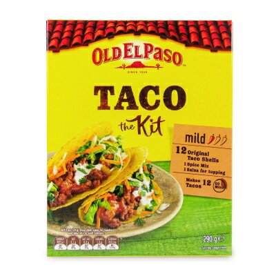 　 OLD EL Paso TACO the kitオールド・エルパソ タコ・キット ビーフタコスにオススメ 手軽に本格的なタコスを作れるキットです。タコス12個分のタコシェル、タコソース、タコミート用シーズニングがセットになっています。このタコスキットと、ひき肉、レタスやトマト、シュレッドチーズなどのお好みの具材を揃えて、タコスをお楽しみください。 《OLD EL PASO（オールドエルパソ）》 メキシカンフードのトップブランド、オールド・エルパソ。アメリカの大手食品メーカー、ジェネラルミルズ社のブランドで、100年近い歴史を持ち、世界的な人気を誇ります。赤と黄色がトレードマークのオールド・エルパソ商品は、種類も豊富。 ご家庭に本格メキシカン＆テックスメックスの味をお届けします。 ■名称 【タコ・シェル（ラップフィルム）】穀物調整品 【タコ・シーズニング（白地の袋）】メキシコ料理用調味料 【タコ・ソース（マイルド）（アルミパウチ）】メキシコ料理用ソース ■原材料名 【タコ・シェル】とうもろこし粉（分別生産流通管理済み）、植物油、食塩 【タコ・シーズニング】砂糖、とうもろこし粉（分別生産流通管理済み）、食塩、ガーリック、パプリカ、クミン、トマト、オニオンパウダー、オレガノ、チリパウダー、ローリエ粉末／酸味料、微粒二酸化ケイ素、パプリカ色素 【タコ・ソース（マイルド）】トマト、ピーマン、たまねぎ、食塩、砂糖、パプリカ、チリパウダー、ガーリックパウダー／増粘剤（加工デンプン）、酸味料 ■内容量 【タコ・シェル】135g 【タコ・シーズニング】30g 【タコ・ソース（マイルド）】125g ■賞味期限 製造日より10カ月 ※実際にお届けする商品の賞味期間は在庫状況により短くなりますので何卒ご了承ください。 ■栄養成分表示（100g当たり） 【タコ・シェル】 熱量：514kcal、たんぱく質：5.7g、脂質：28.7g、炭水化物：58.3g、食塩相当量：0.4g 【タコ・シーズニング】 熱量：324kcal、たんぱく質：6.9g、脂質：4.8g、炭水化物：63.2g、食塩相当量：17.9g 【タコ・ソース（マイルド）】 熱量：33kcal、たんぱく質：0.8g、脂質：0.2g、炭水化物：7.1g、食塩相当量：2.3g g ■保存方法 直射日光、高温多湿を避けて保存してください。 ■ご注意 ・開封後はお早めにお召し上がりください。 ・本製品は、小麦を使用した製品と同じ工場で製造しています。 ・ソース用パウチ、シーズニング用袋に記載の日付は製造年月日（日／月／年）であり、賞味期限ではありません。 ・中身に割れやすいもの（タコ・シェル）が含まれていますのでお取り扱いにはご注意ください。 ・パッケージの外国語表記は本商品の仕様とは異なります。 ■原産国名 【タコ・シェル】オーストラリア 【タコ・シーズニング】オーストラリア 【タコ・ソース（マイルド）】ニュージーランド ■輸入者 ウィズメタックフーズ株式会社 ■関連キーワード OLD EL Paso TACO the kit オールド・エルパソ タコ・キット タコ・シェル タコ・シーズニング タコ・ソース 一式 ビーフタコス 手作り 自家製 メキシコ 料理 素材 具材 トッピング アレンジ メニュー レシピ オーブン 電子レンジ お手軽 簡単 便利 この商品のお買い得なセットはこちらから オールドエルパソのその他の商品はこちらから