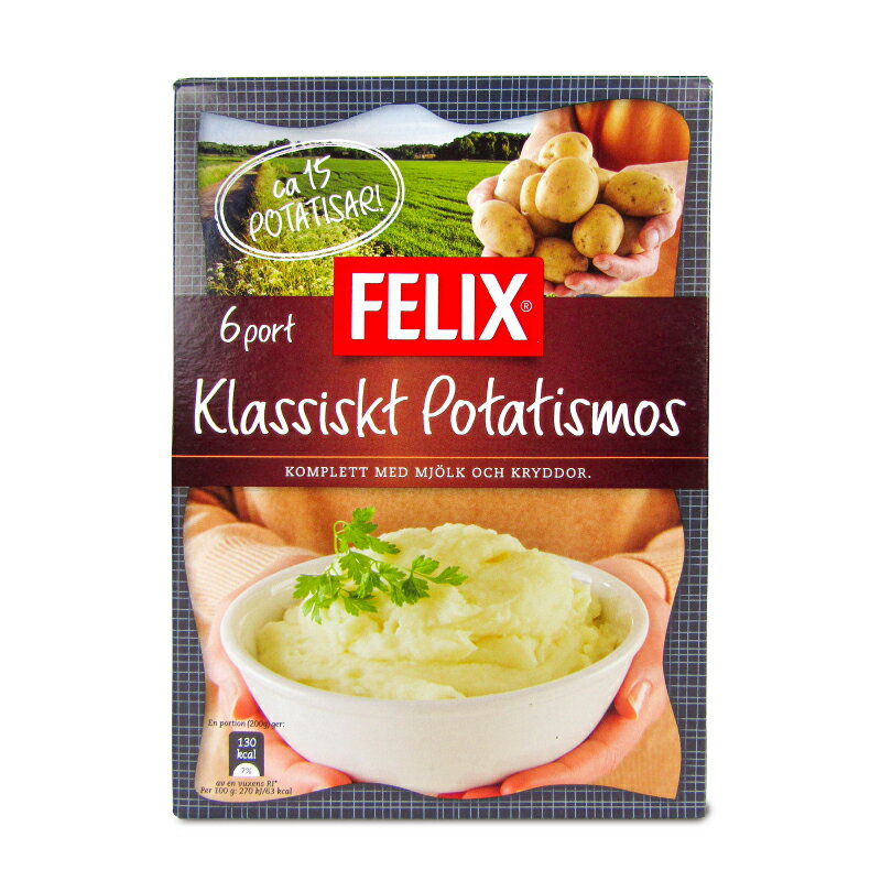 　 FELIX&reg; Klassiskt Potatismos マッシュポテトに最適の品種をブレンド ところ変わればじゃがいもも変わる。 スウェーデンでは約20種類もの品種が市場に出回っており、お料理に合わせてポテトを選びます。 本品はマッシュポテトに最適の品種をブレンドし、サラサラのパウダー状に仕上げています。 作り方 牛乳（または水）400mlを80℃程度に温め、本品110g（半量）に少しずつ加えながらよく混ぜます。 ・お好みで牛乳の量を調節してください。 ・バターを加えるとより一層コクが深まります。 名称 乾燥マッシュポテト 原材料名 乾燥じゃがいも、全粉乳、食塩、粉末植物油脂／香辛料抽出物、香料、グリセリン脂肪酸エステル、ピロリン酸Na、酸化防止剤（ビタミンC、亜硫酸Na） 内容量 220g 賞味期限 製造日より455日 ※実際にお届けする商品の賞味期間は在庫状況により短くなりますので何卒ご了承ください。 保存方法 直射日光、高温多湿を避けて保存してください 栄養成分表示（100g当たり） エネルギー：350kcal、たんぱく質：8.2g、脂質：4.2g、炭水化物：67.0g、食塩相当量：3.5g 使用上のご注意 ・開封後は密封容器に移し替えて冷蔵庫に保管の上、早めにお召し上がりください。 ・パッケージの写真はイメージです。 原産国名 スウェーデン 輸入者 株式会社オーバーシーズ 関連キーワード FELIX Klassiskt Potatismos 乾燥マッシュポテト スウェーデン 最適 品種 ブレンド じゃがいも ジャガイモ じゃが芋 パウダー状 粉末 手作り 自家製 家庭 簡単 お手軽 便利 料理 この商品のお買い得なセットはこちらから オーバーシーズのその他の商品はこちらから